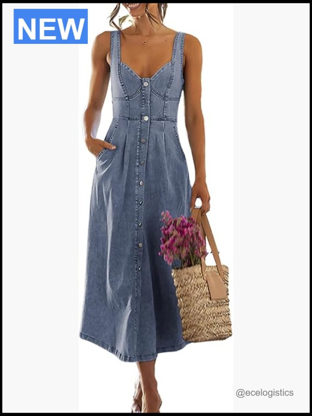 Sleeveless Smocked Denim Babydoll Midi Dress Button Down